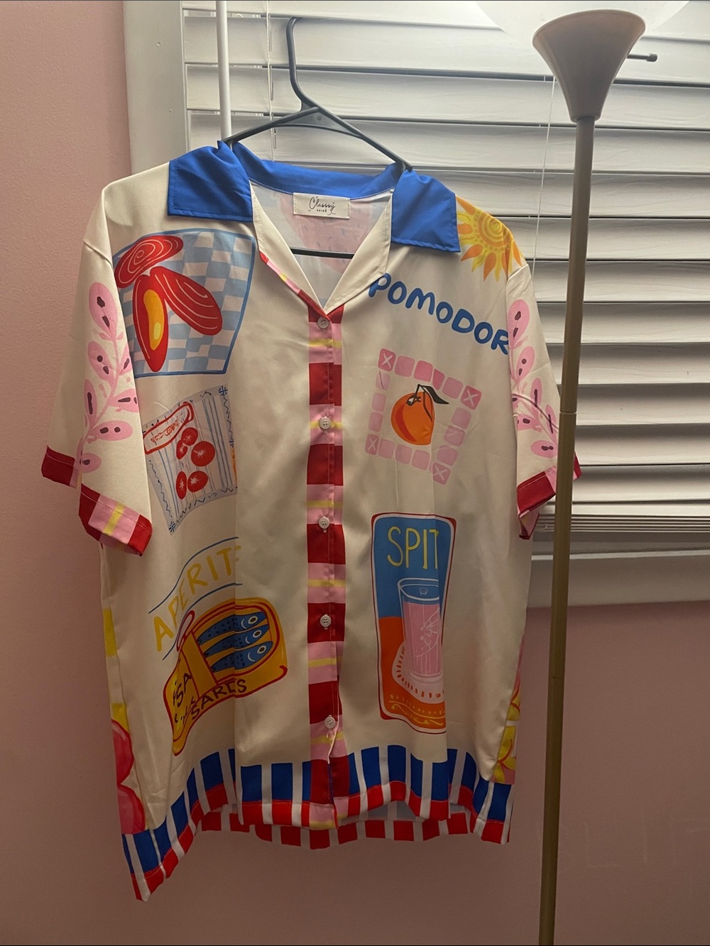Colorful Graphic Button-Up Shirt with Pomodoro Motif